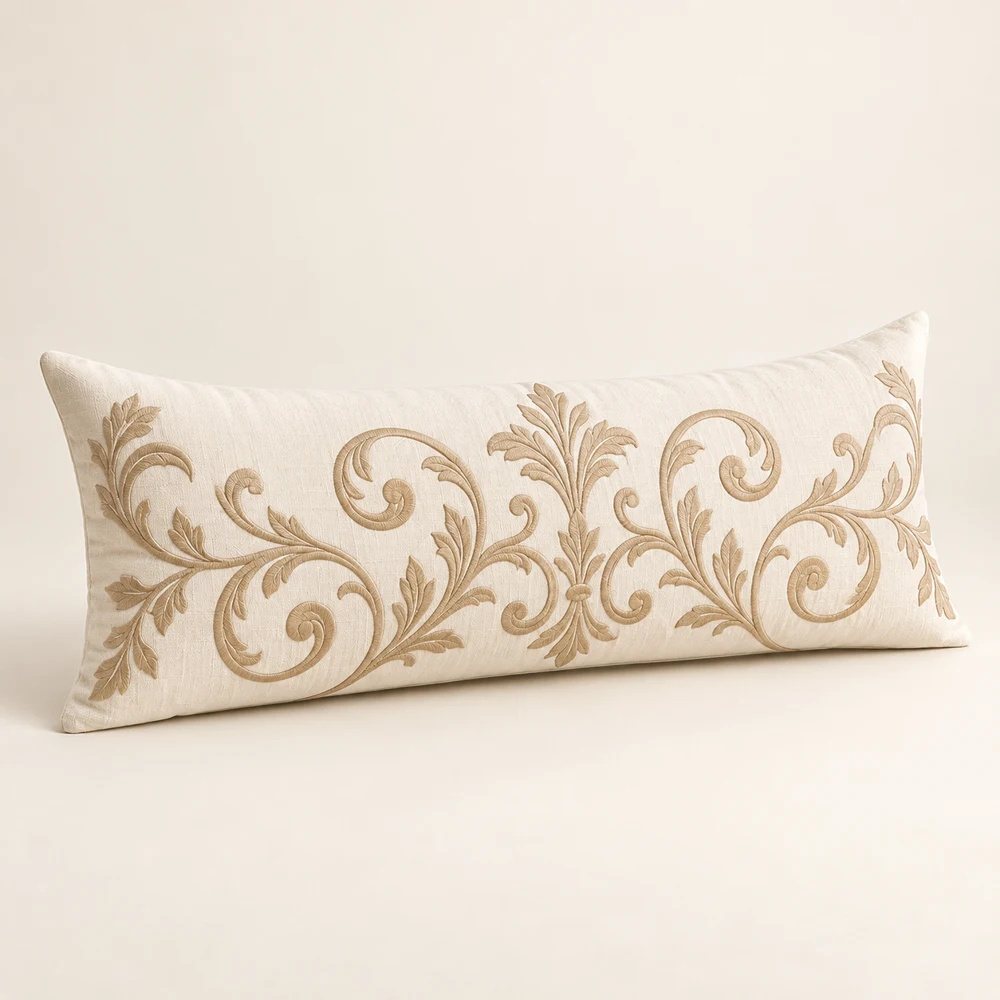 Arabesque Embroidered Lumbar, Ivory / Flax