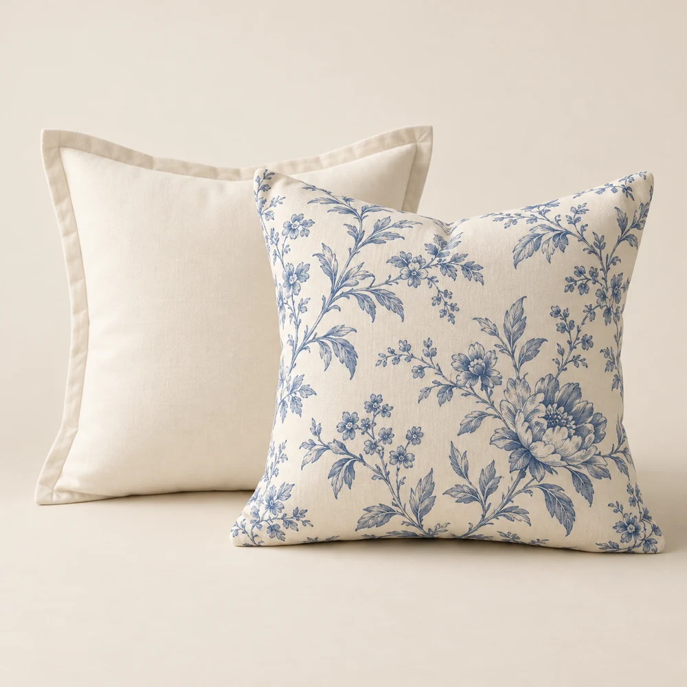 Chambre Pillow Pair, Ivory / French Blue